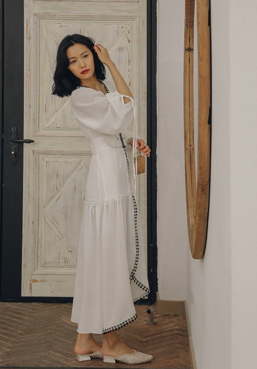 Blouson Sleeve Tassel Edge Maxi Dress in White