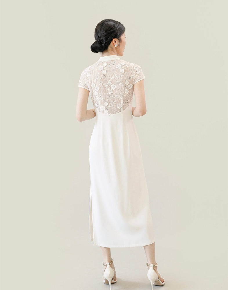 Lace Cutout Midi Cheongsam in White