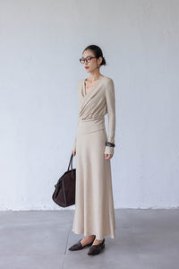 Fine Knit Top + Maxi Skirt Set in Beige