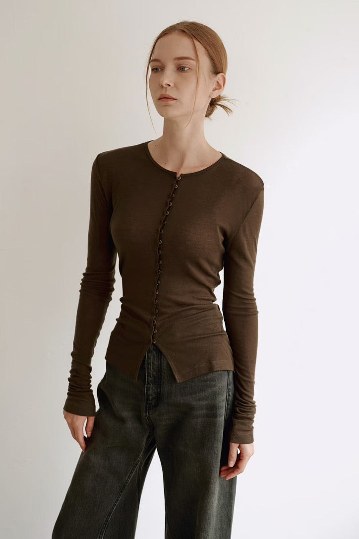 Korean Magie Tencel Blend Stretch Button Top in Brown