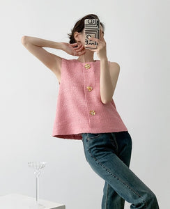 Tweed Button Blouse in Pink