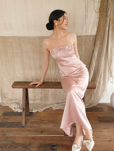 Satin Bustier Bow Gown in Pink