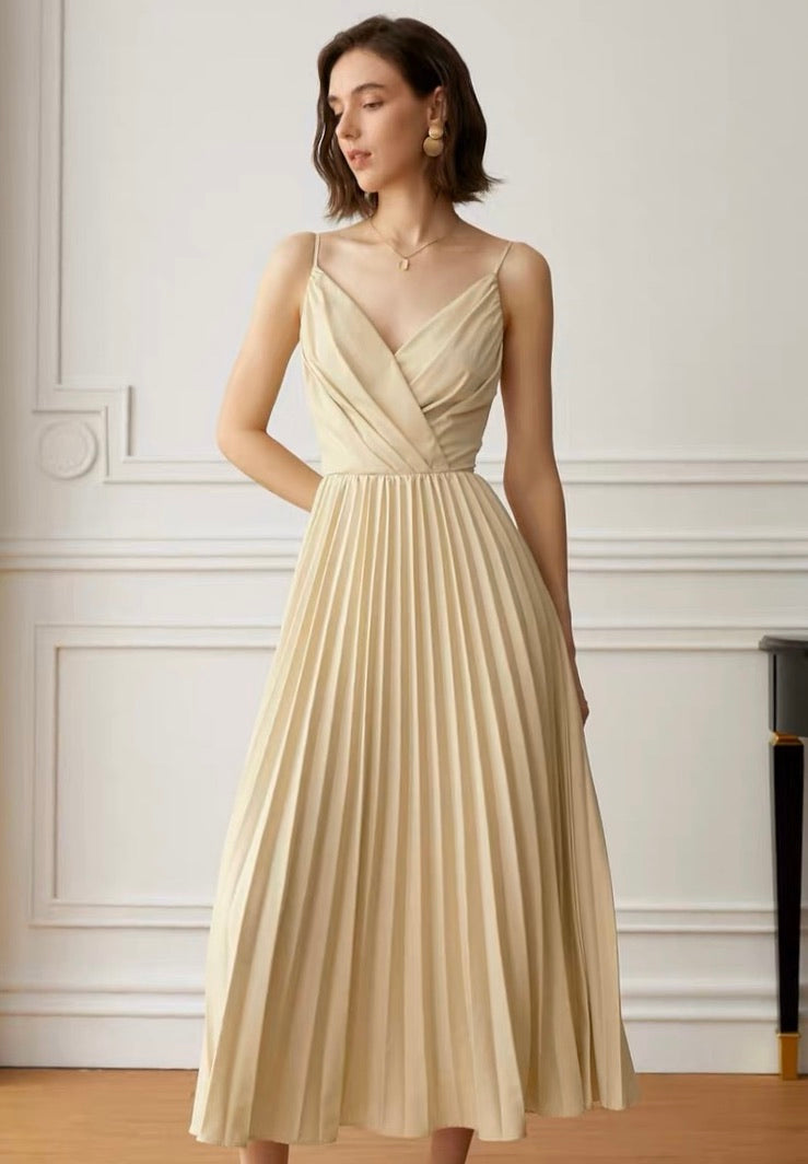 Cami Pleated Midi Dress in Beige LEXI + LOU Cami Pleated Midi Dress in Beige LEXI + LOU