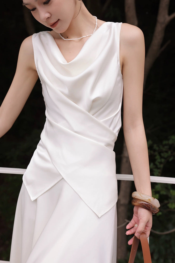 Satin Drape Wrap Top // Maxi Skirt in Cream