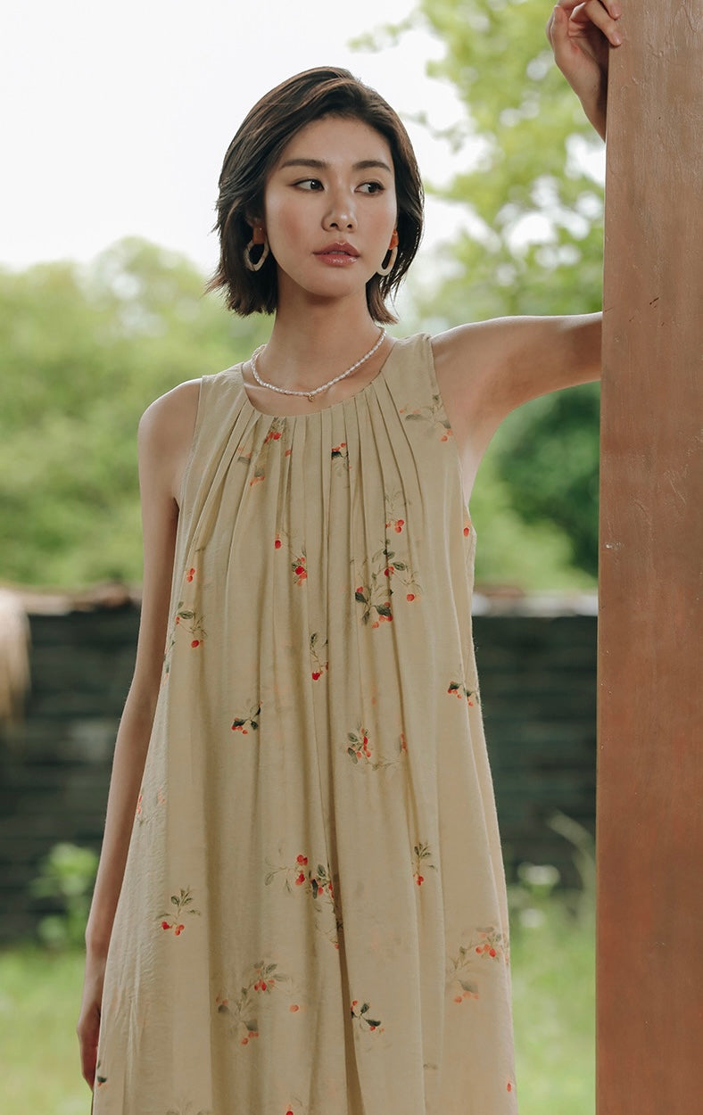 Floral Sleeveless Tent Dress in Beige