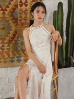 Load image into Gallery viewer, Cutout Back Lace Slit Maxi Dress in White
