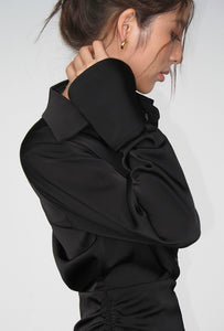 Satin Mini Shirt Dress in Black
