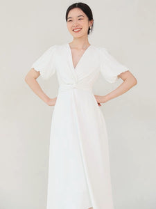Twist Blouson Pocket Midi Dress in White
