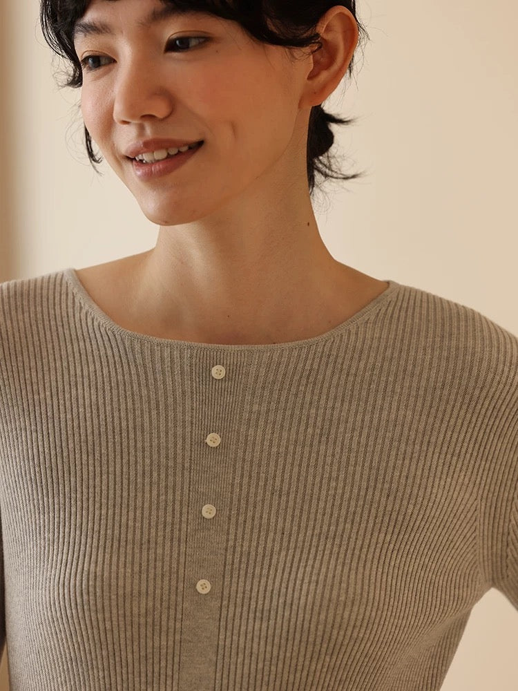 Ribbed Button Knitted Top in Grey