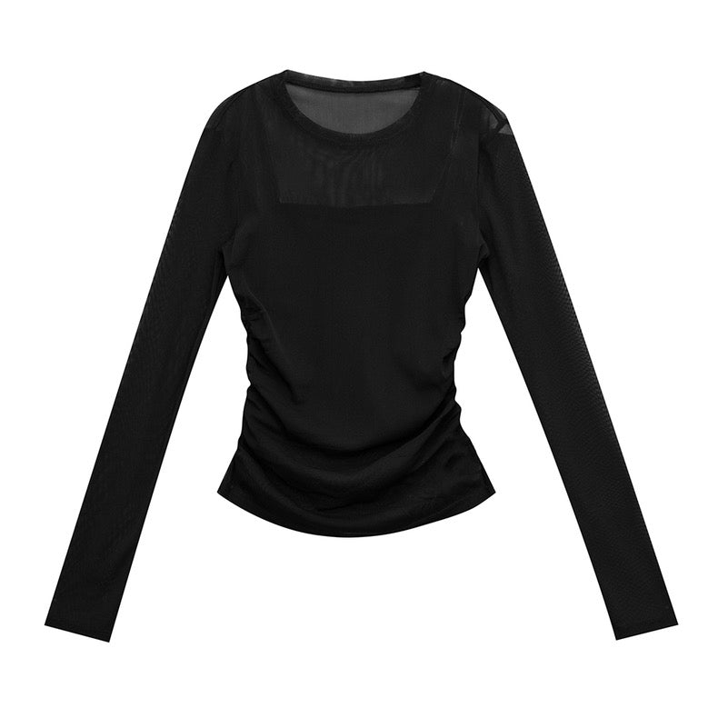 Sheer Long Sleeve Cami Top in Black