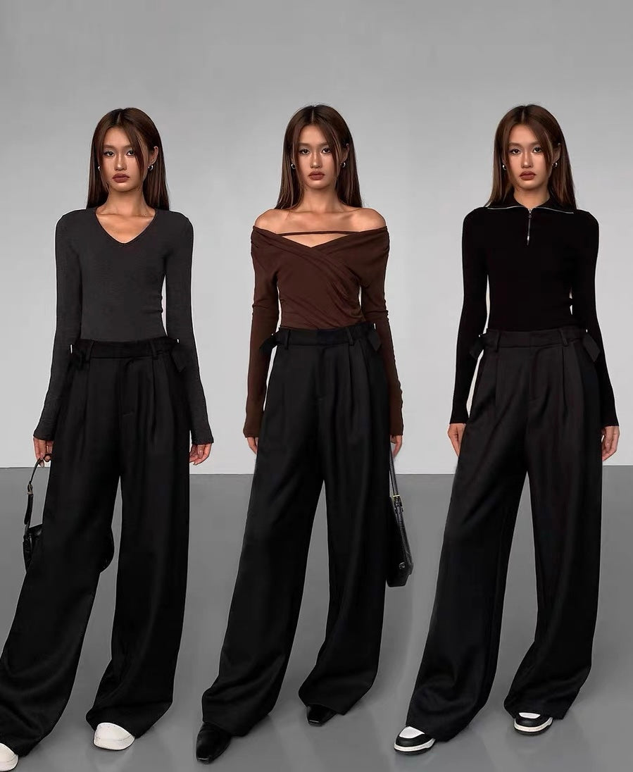 Relaxed Side Buckle Wide Leg Trousers in Black