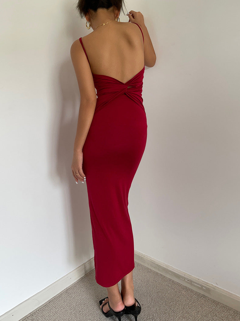 Drop Twist Back Bodycon Cami Dress in Red