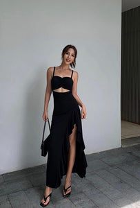 Cutout Ruffle High Slit Dress in Black