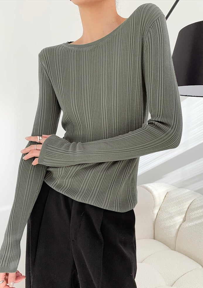 Long Sleeve Ribbed Top in Grey Green