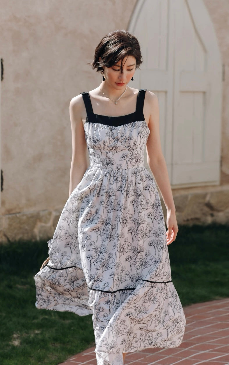 Floral Panel Maxi Dress in Black/White