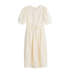 Blouson Bow Midi Dress in Cream