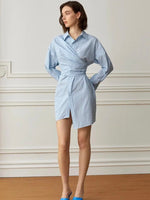 Load image into Gallery viewer, Long Sleeve Striped Wrap Shirt Dress in Blue
