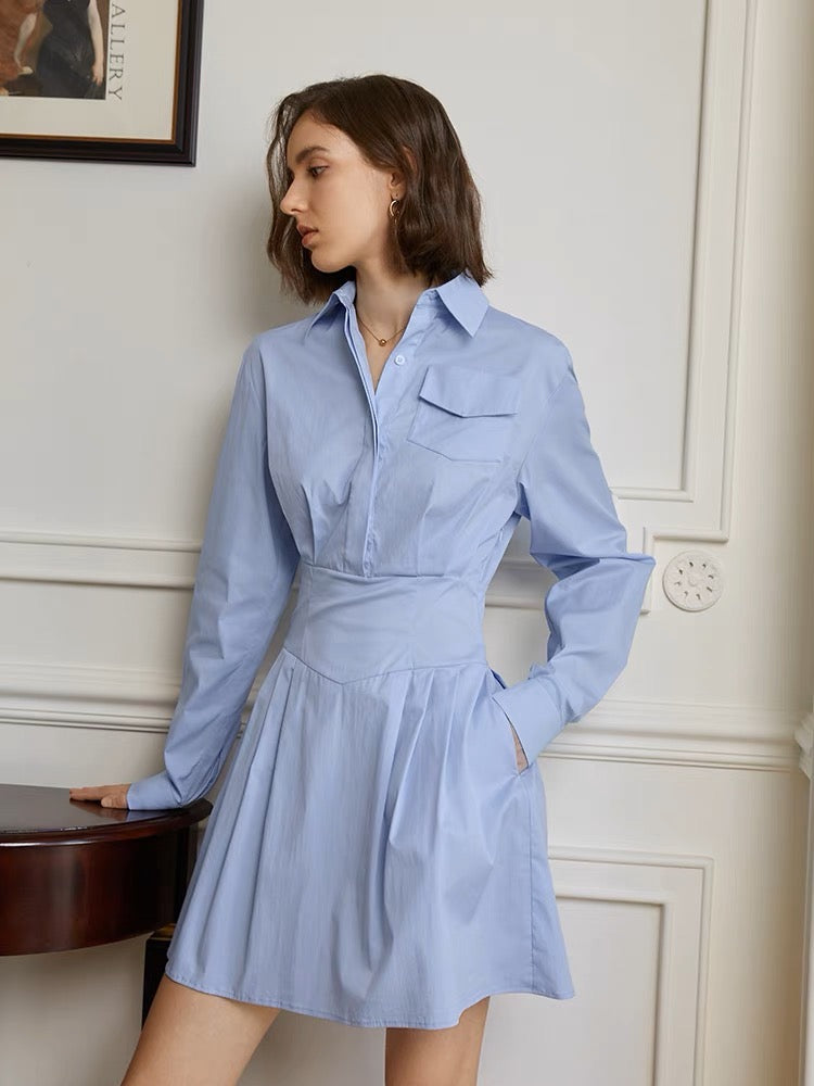 Long Sleeve Pocket Shirt Dress in Blue