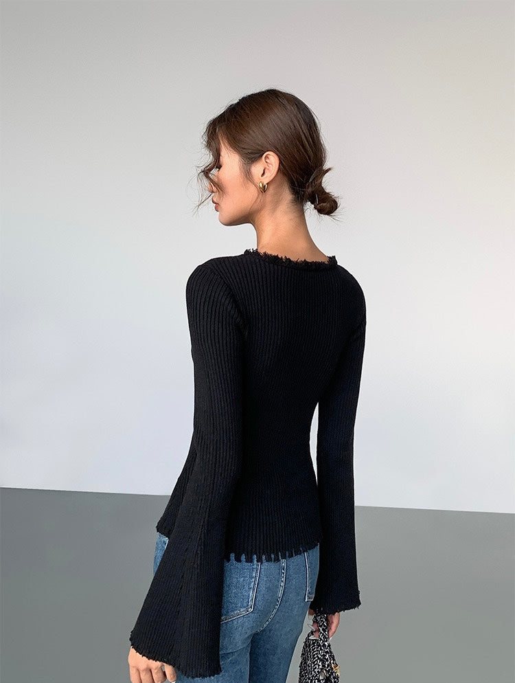 Fray Edge Trumpet Sleeve Cardigan Top [2 Colours]