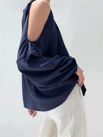 Load image into Gallery viewer, Shoulder Cutout Satin Top in Navy
