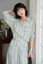 Load image into Gallery viewer, Linen Blend Striped Shirt in Green
