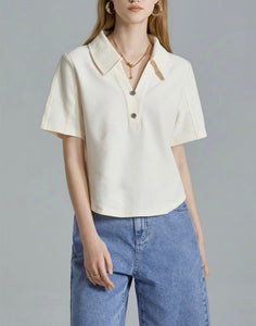 Embellished Button Polo Top in Cream