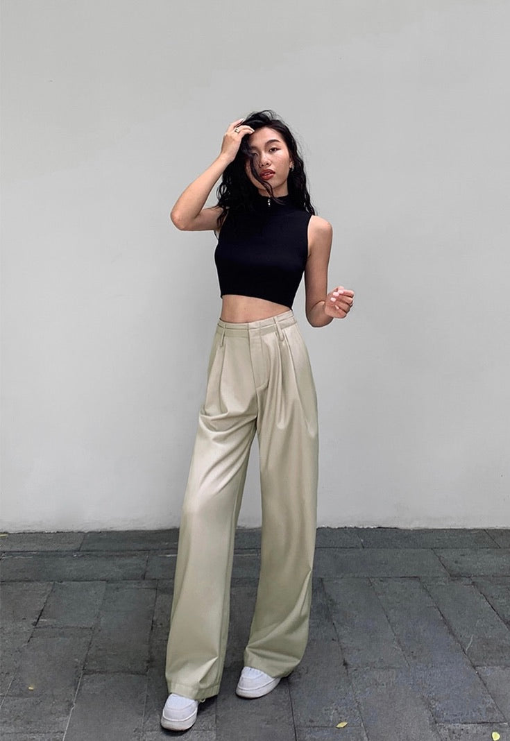 Wide Leg Relaxed Tailored Trousers in Light Khaki