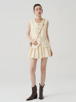 Load image into Gallery viewer, Tweed Vest Blouse + Pleated Mini Skirt in Yellow
