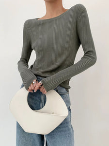 Long Sleeve Ribbed Top in Grey Green