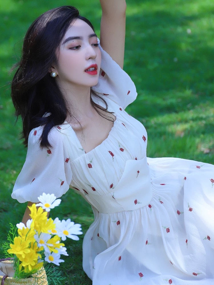Floral Puff Sleeve Midi Dress in White