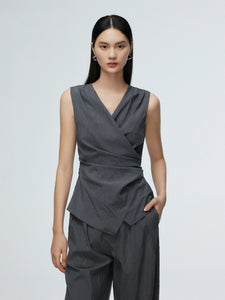 Crepe Wrap Tie Top in Grey