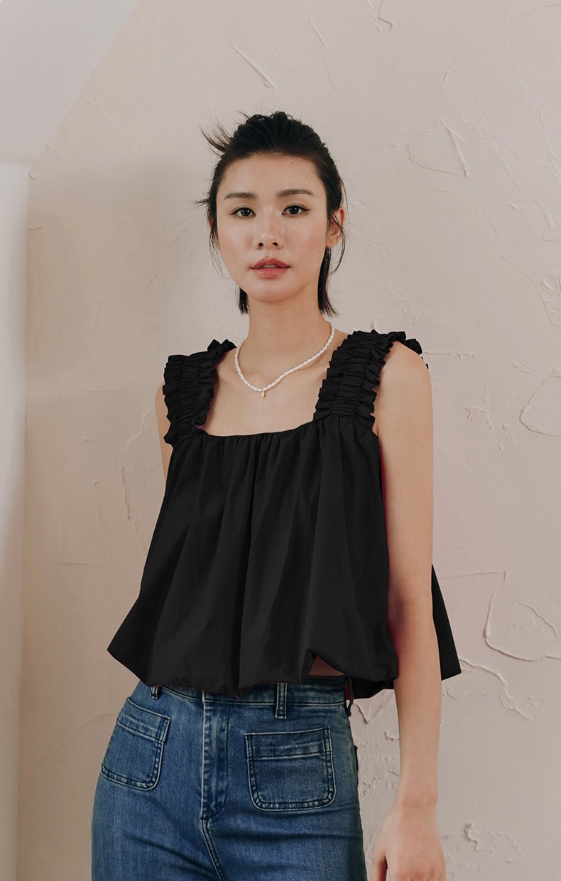 Gathered Strap Bubble Top in Black