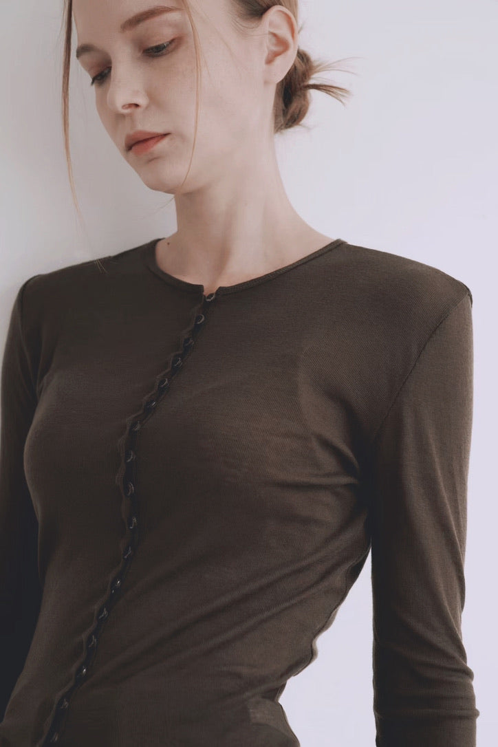Korean Magie Tencel Blend Stretch Button Top in Brown