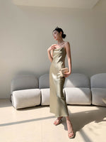 Load image into Gallery viewer, Textured Satin Slip Dress in Green
