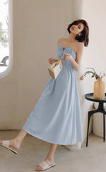 Load image into Gallery viewer, Ribbon Tie Gather Dress in Blue

