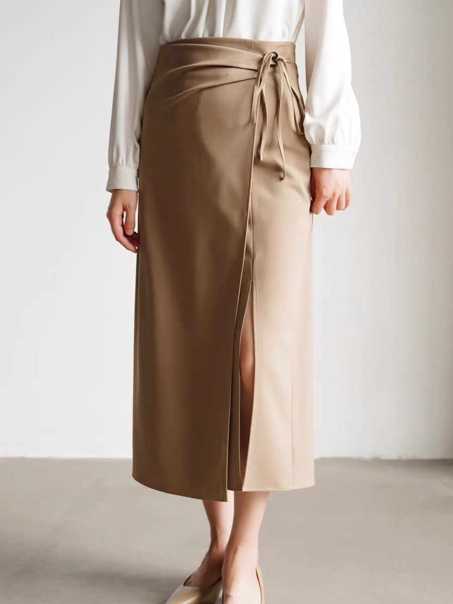 Midi Wrap Tie Slit Skirt in Tan