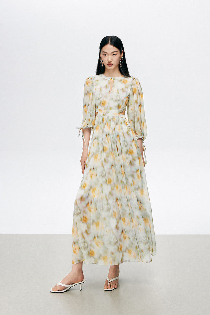 Floral Blouson Side Cutout Maxi Dress in Yellow