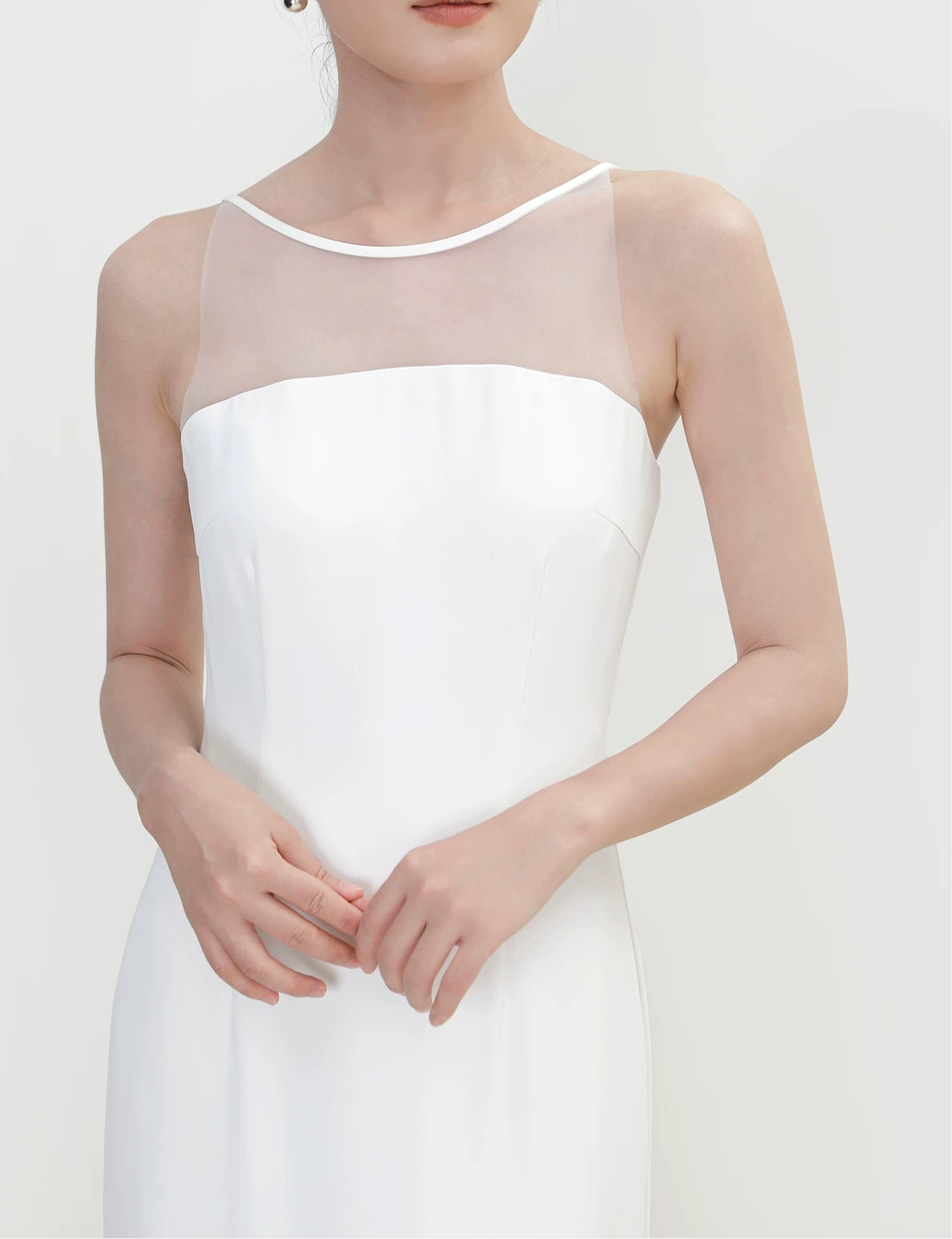 Sheer Panel Shift Gown in White