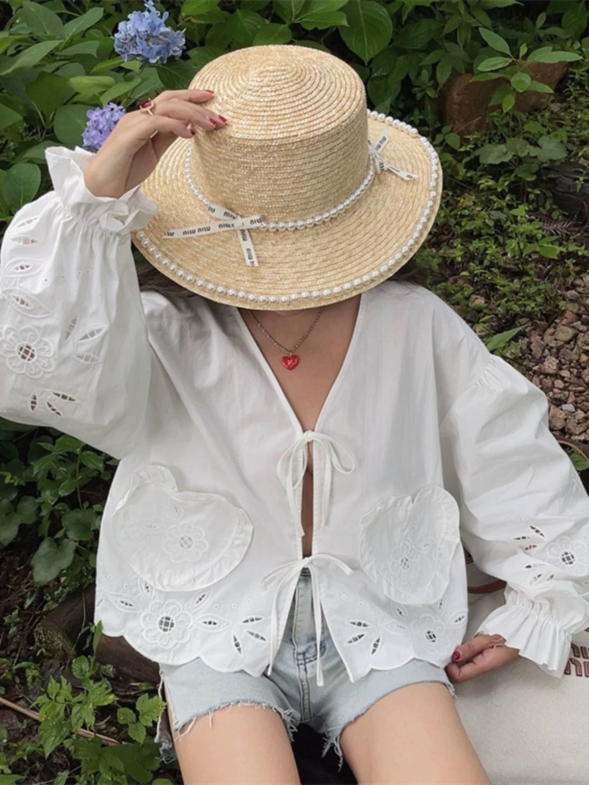 Laser Cut Ribbon Tie Blouse in White