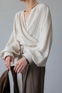 Striped Blouson Wrap Top in Cream