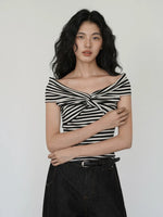 Load image into Gallery viewer, Tencel Striped Off Shoulder Twist Top in Black/White
