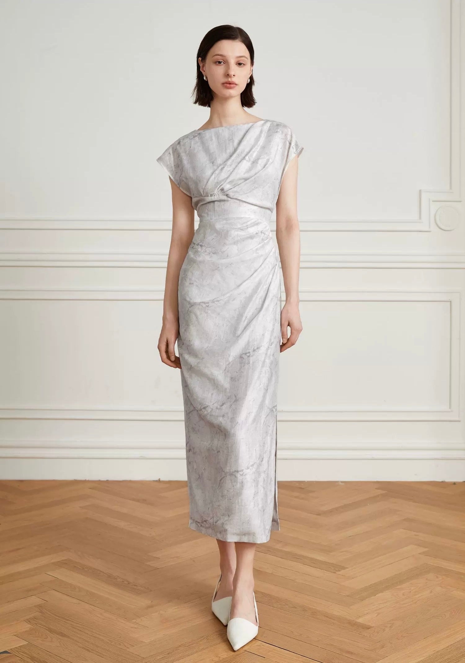 Tencel Gathered Shift Dress in Grey