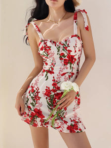 Chrysan Floral Tie Strap Mini Dress in White/Red