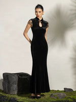Load image into Gallery viewer, Mermaid Lace Detail Stretch Maxi Cheongsam in Black
