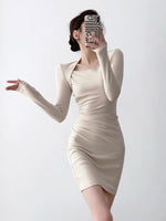 Load image into Gallery viewer, Square Neck Mini Bodycon Dress in Beige
