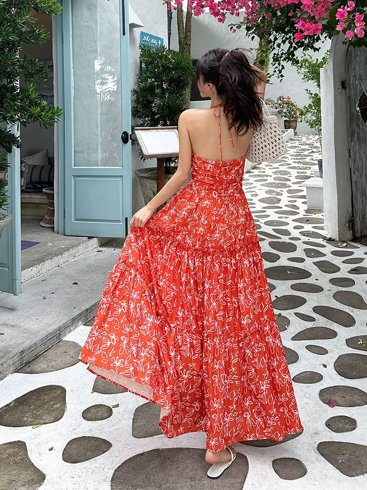 Floral Cutout Tiered Maxi Dress in Crimson