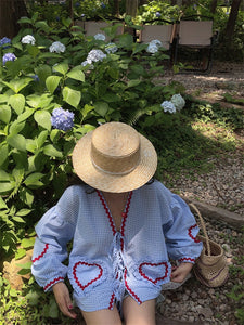 Gingham Contrast Ribbon Tie Blouse in Blue