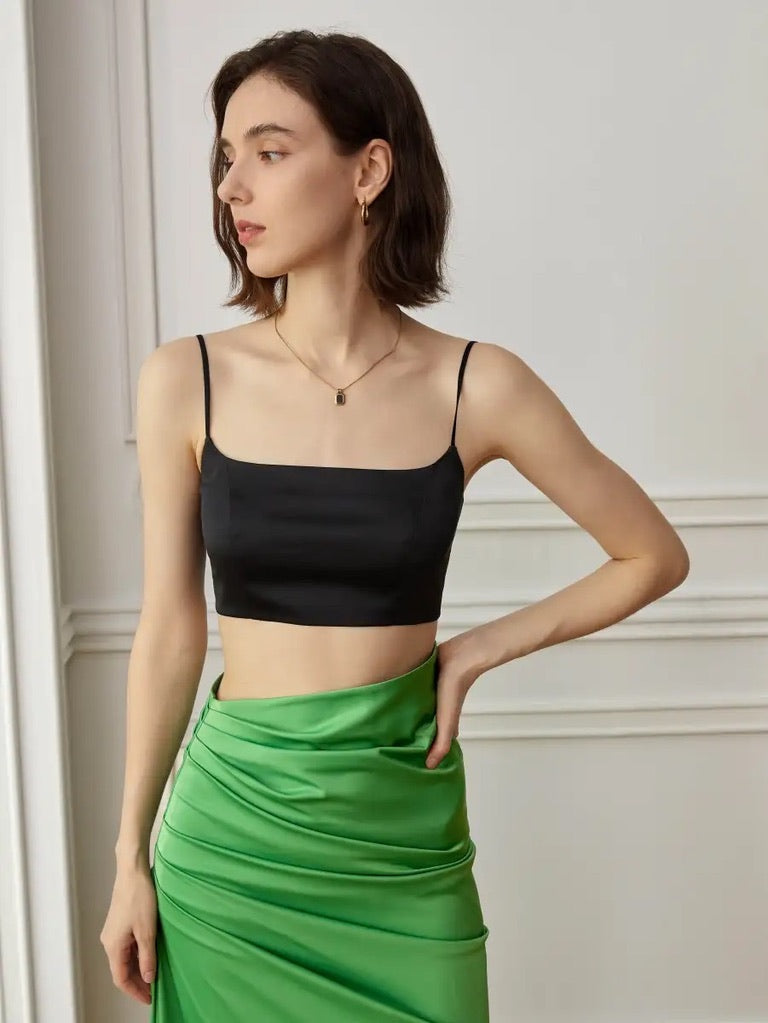 High Waist Gathered Satin Skirt in Green