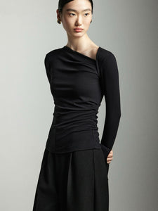 Asymmetric Side Shirring Long Top in Black