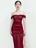 Load image into Gallery viewer, Off Shoulder Gathered Slit Gown in Red
